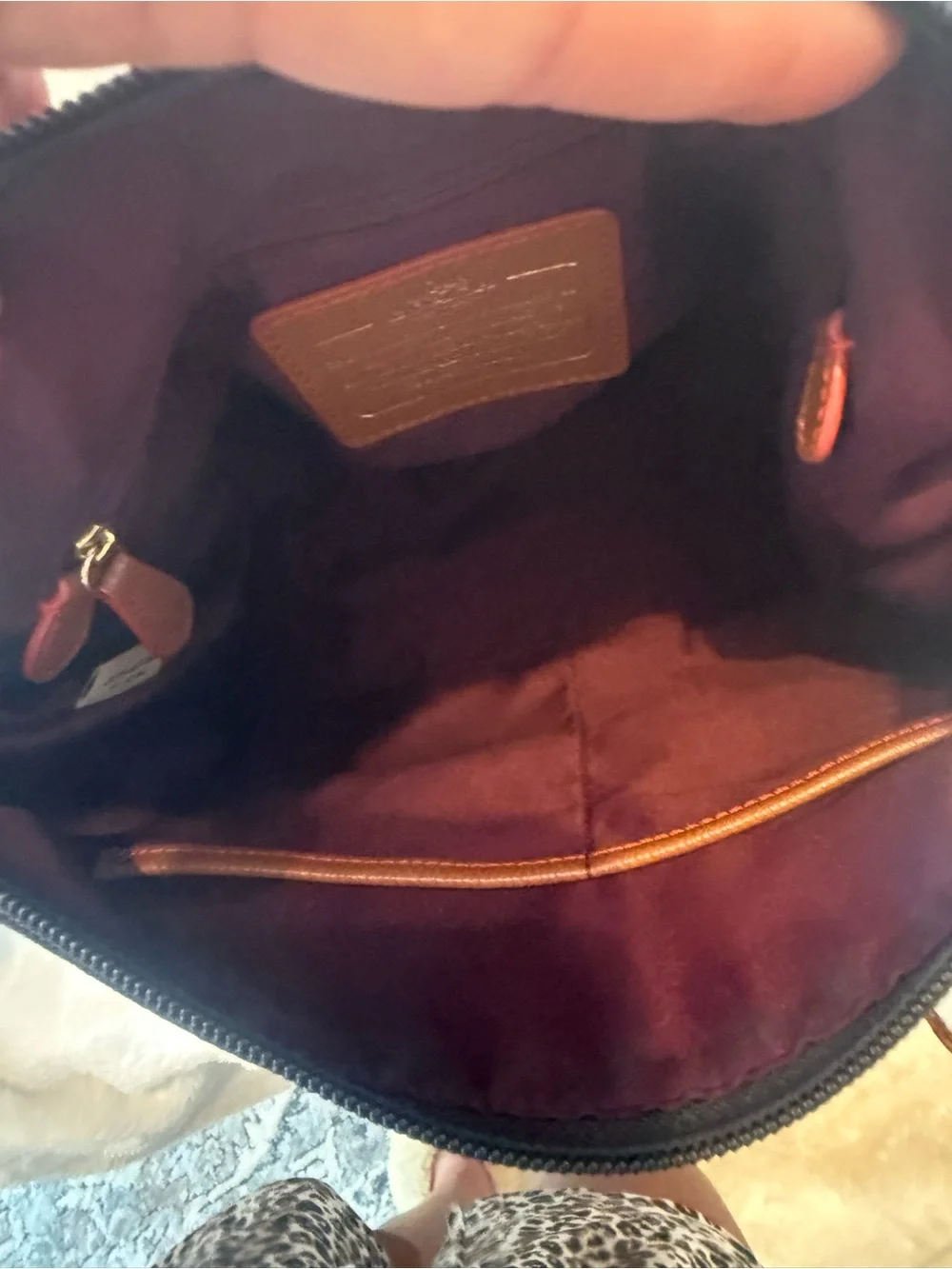 COACH Sawyer Navy Nylon Crossbody Bag with Tan leather Trim and red accents